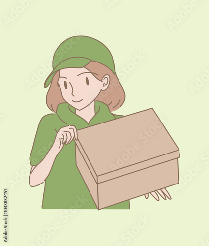Delivery worker wearing cap,  holding cardboard. Delivery service worker lifting box. Hand drawn flat cartoon character vector illustration. 
