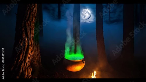 A witch’s cauldron bubbles with a glowing green potion, steam rising into the dark sky. Thunder rumbles as a full moon peeks through stormy clouds.