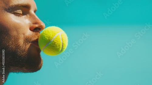 A man is kissing a tennis ball. Concept of playfulness and fun