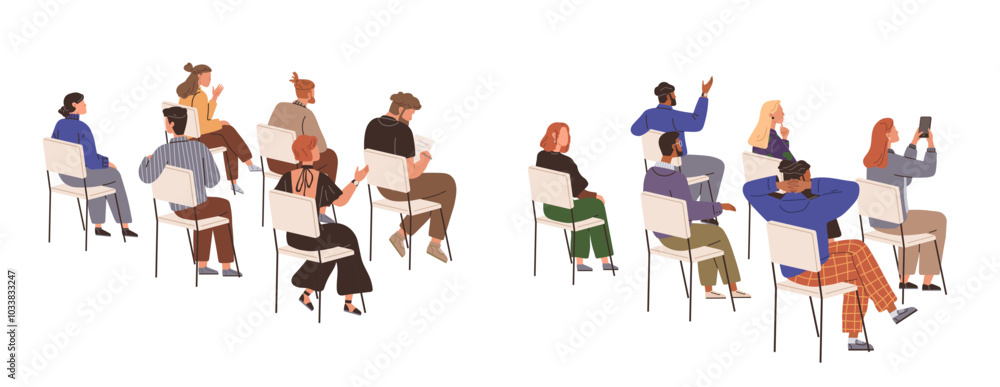 Obraz premium A diverse group of people sitting on chairs arranged in rows, actively participating or observing. Ideal for themes like education, community, teamwork, diversity, and group discussion. Modern and