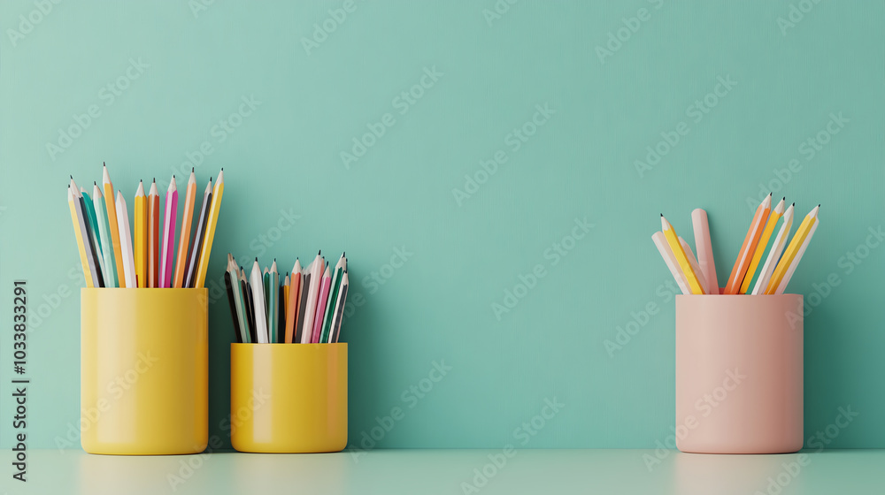 Fototapeta premium Colorful pencils arranged in vibrant containers on a minimalist desk against a soothing teal background, perfect for creative inspiration.