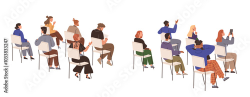 A diverse group of people sitting on chairs arranged in rows, actively participating or observing. Ideal for themes like education, community, teamwork, diversity, and group discussion. Modern and