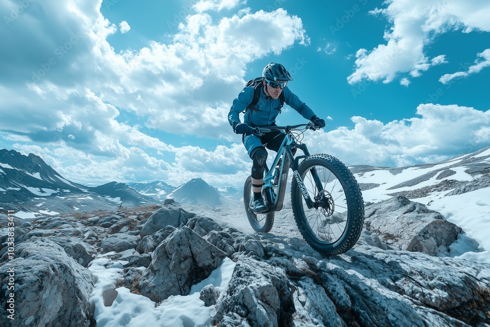 Mountain Biker Conquering Rocky Alpine Terrain on a Bright Day Mountain Biker Conquering Rocky Alpine Terrain on a Bright Day