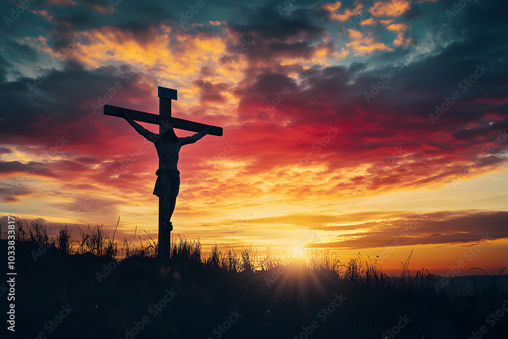 Silhouette of Jesus christ crucifix on cross over heaven sunset concept for catholic religion, christian worship, Christmas, happy Easter Day, Thanksgiving prayer and praise good friday, bible Silhouette of Jesus christ crucifix on cross over heaven sunset concept for catholic religion, christian worship, Christmas, happy Easter Day, Thanksgiving prayer and praise good friday, bible