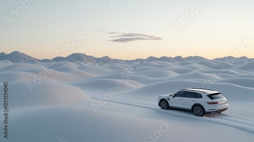 A sleek gray luxury car navigates a winding snowy road, showcasing its elegance against a backdrop of winter trees and distant mountains under bright blue skies