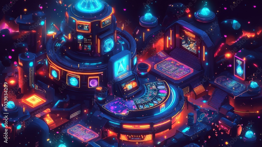 Isometric quantum realm casino with magical animations and card tables Isometric quantum realm casino with magical animations and card tables