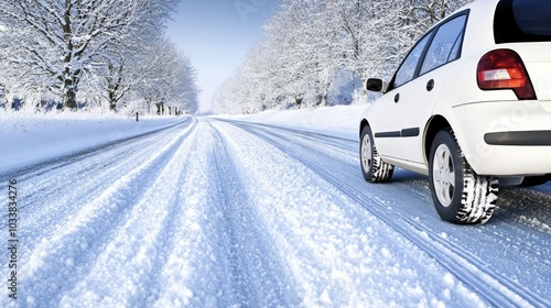 A sleek gray luxury car navigates a winding snowy road, showcasing its elegance against a backdrop of winter trees and distant mountains under bright blue skies