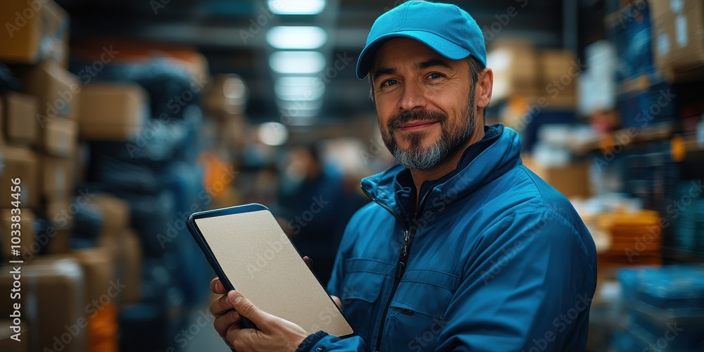 Fototapeta premium Smiling Warehouse Worker Holding a Tablet in a Storage Facility