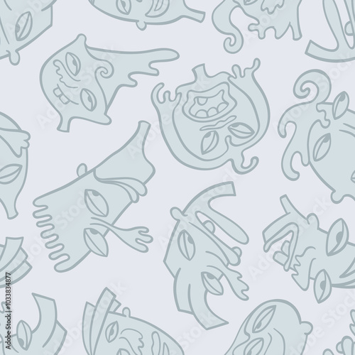 Seamless background with funny faces of anthropomorphic creatures. Humorous characters with different emotion