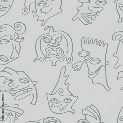 Seamless background with funny faces of anthropomorphic creatures. Humorous characters with different emotion