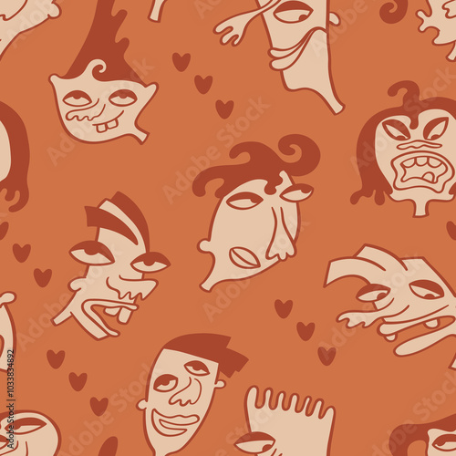 Seamless background with funny faces of anthropomorphic creatures. Humorous characters with different emotion