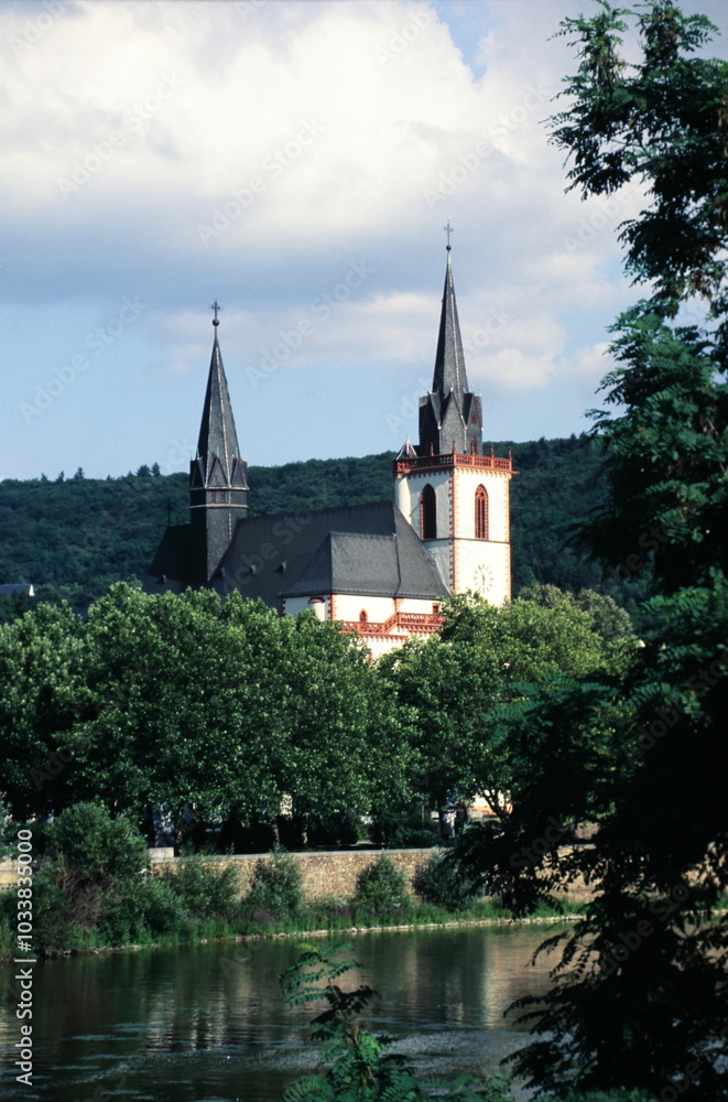 View of St. Martin basilica and castle along the Rhine river in Bingen, Rhineland-Palatinate, Germany during 2000s View of St. Martin basilica and castle along the Rhine river in Bingen, Rhineland-Palatinate, Germany during 2000s