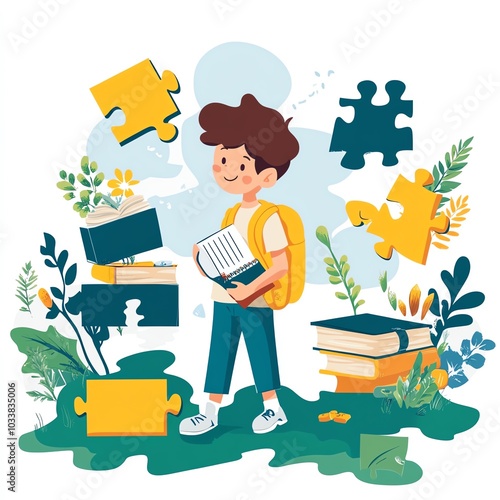 Boy back to school in spring, puzzlesolving, participating in diverse activities, flat design illustration photo