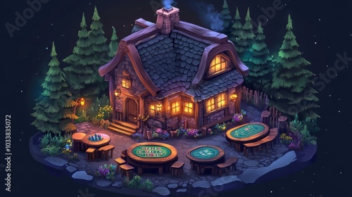 Witchs cottage casino with enchanted forest theme in isometric pixel art