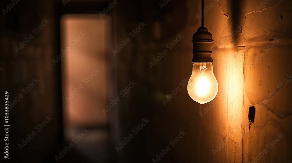 Dark empty room with single flickering light bulb casting long shadows, emphasizing absence of power and eerie atmosphere, minimalist setting with focus on light bulb's glow. Dark empty room with single flickering light bulb casting long shadows, emphasizing absence of power and eerie atmosphere, minimalist setting with focus on light bulb's glow.