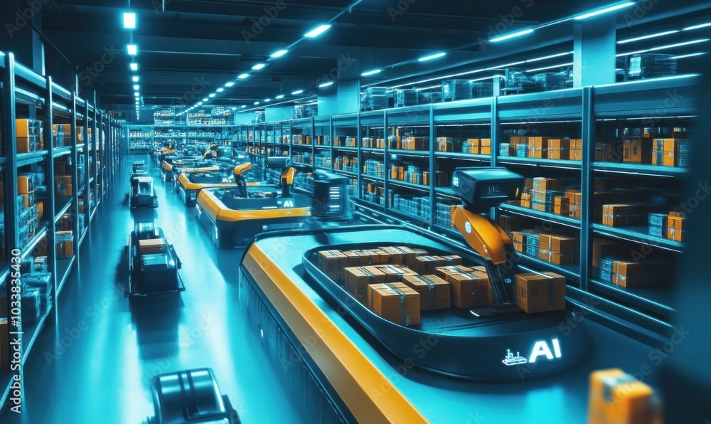 Obraz premium AI Robots in Modern Warehouse Sorting Packages