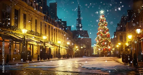 Empty street of old historical european town and shining Christmas lights. Winter seasonal 4K loop animation for advertisement.