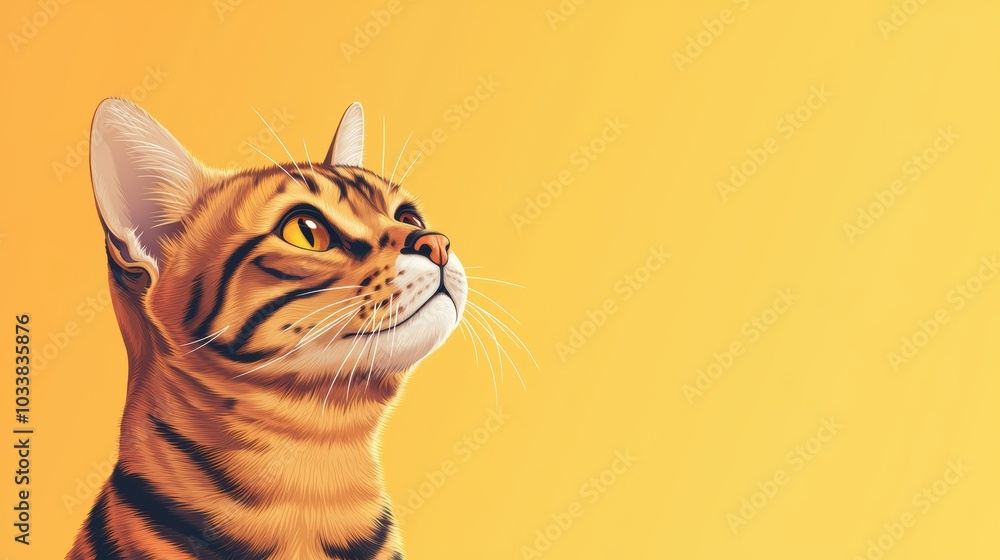 A close-up of a Bengal cat gazing upward against a vibrant yellow background A close-up of a Bengal cat gazing upward against a vibrant yellow background