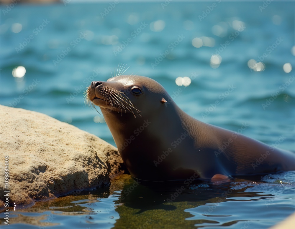 Obraz premium Sea Lion on Rock by Ocean Water .