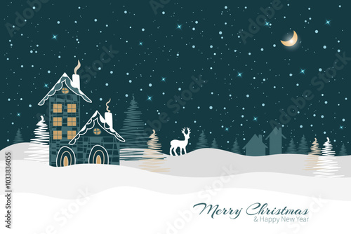 Merry Christmas and Happy new year greeting card. Winter landscape. Houses, Christmas trees and a deer on the background of winter landscape with a starry sky night. EPS10