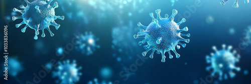 Covid, respiratory virus molecules, on a blue background, in the air. Banner template 3d seasonal flu, rotavirus, pandemic and epidemic formation, advertising and news photo