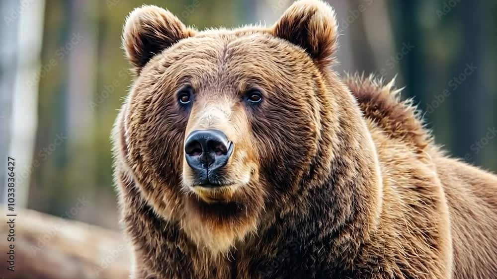 Large brown bear stands in a forest, gazing intently at something. Thick fur covers its powerful body, showcasing the majesty and beauty of wildlife in a serene natural habitat Large brown bear stands in a forest, gazing intently at something. Thick fur covers its powerful body, showcasing the majesty and beauty of wildlife in a serene natural habitat