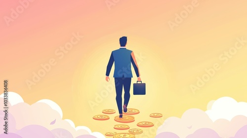 A businessman walks towards a bright horizon, stepping on golden coins, wealth, success, and ambition.