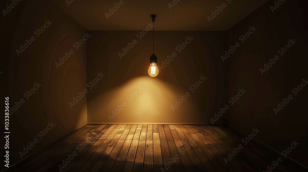 Dark empty room with single flickering light bulb casting long shadows, emphasizing absence of power and eerie atmosphere, minimalist setting with focus on light bulb's glow. Dark empty room with single flickering light bulb casting long shadows, emphasizing absence of power and eerie atmosphere, minimalist setting with focus on light bulb's glow.