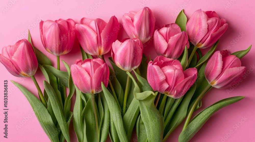 Pink tulips arranged beautifully on a pink background. Pink tulips arranged beautifully on a pink background.