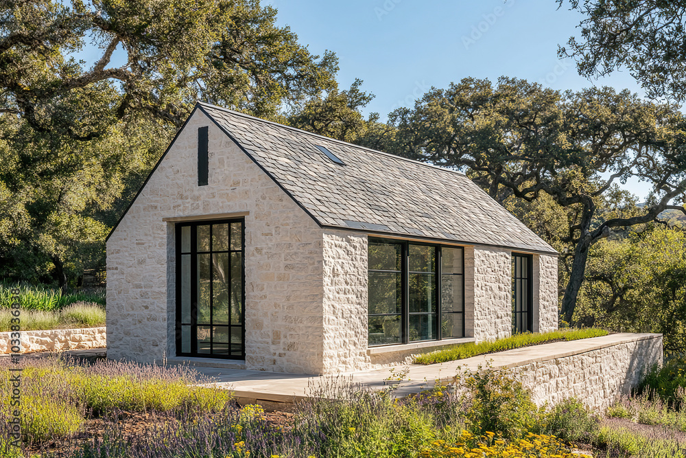 Obraz premium The exterior front wall and roof of a quaint, old stone barn are designed in white-painted, smooth sandstone, featuring a flat roof covered in dark grey shingles.