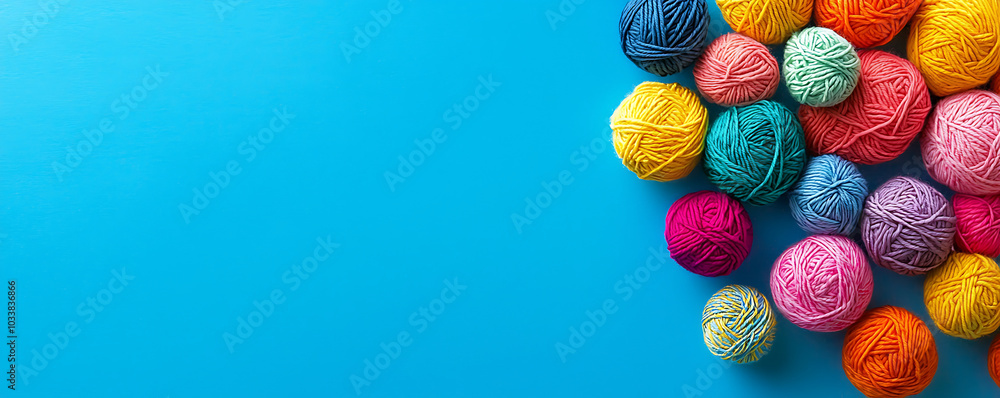 Colorful Yarn Balls Arranged on a Blue Background