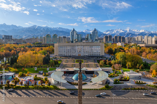 View from a quadcopper of Republic Square and the Akimat (City Hall) of the Kazakh city of Almaty on an autumn day photo