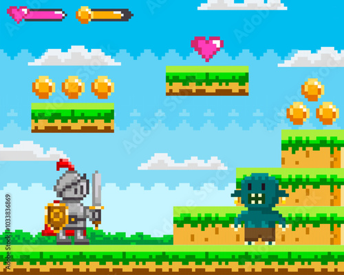 Knight facing a monster in a pixelated landscape with platforms, coins, and a heart icon. Ideal for video games, fantasies, adventures, digital art, retro aesthetics, and pixel art fans. Vibrant