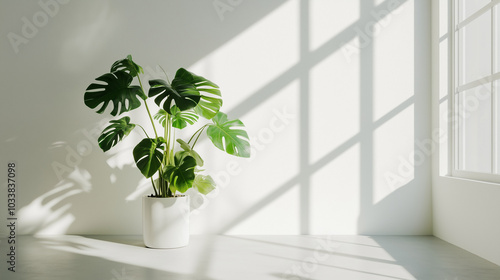 Monstera Plant in a Sunlit Room with Window Shadows