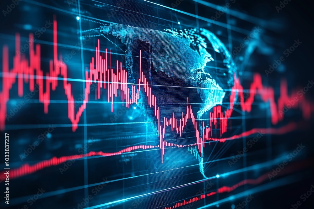 Digital world map with financial graph and data representation, blue and red tones. Digital world map with financial graph and data representation, blue and red tones.