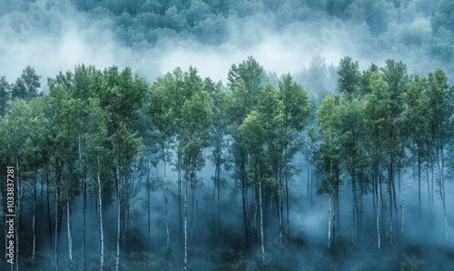 Misty Forest with Tall Trees in Early Morning Light