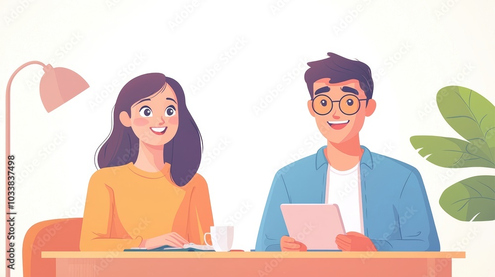 A friendly illustration of two people collaborating at a desk A friendly illustration of two people collaborating at a desk