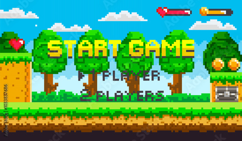 Start screen of a pixelated video game set in a forest with trees, health bars, and game options for one or two players. Ideal for video games, retro design, gaming interfaces, pixel art, user