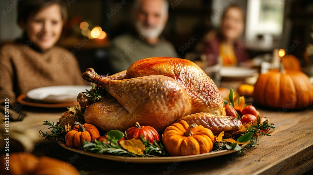 A beautifully roasted turkey is the centerpiece of a festive table, decorated with pumpkins and surrounded by smiling family members enjoying Thanksgiving. A beautifully roasted turkey is the centerpiece of a festive table, decorated with pumpkins and surrounded by smiling family members enjoying Thanksgiving.
