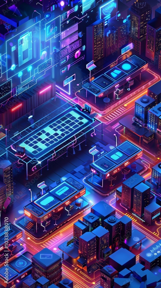 A cityscape with neon lights and a keyboard in the foreground A cityscape with neon lights and a keyboard in the foreground