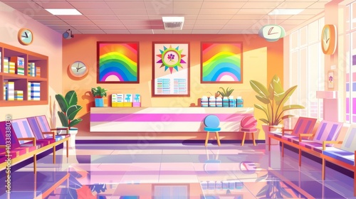 A cartoonish drawing of a hospital waiting room with a clock on the wall
