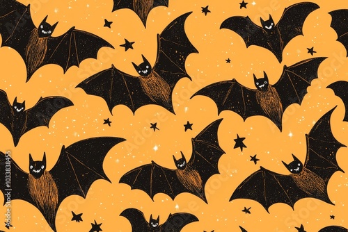 Seamless Pattern of Orange and Black Bats with Stars for Halloween Decoration, Perfect for Wallpaper or Fabric Print. photo