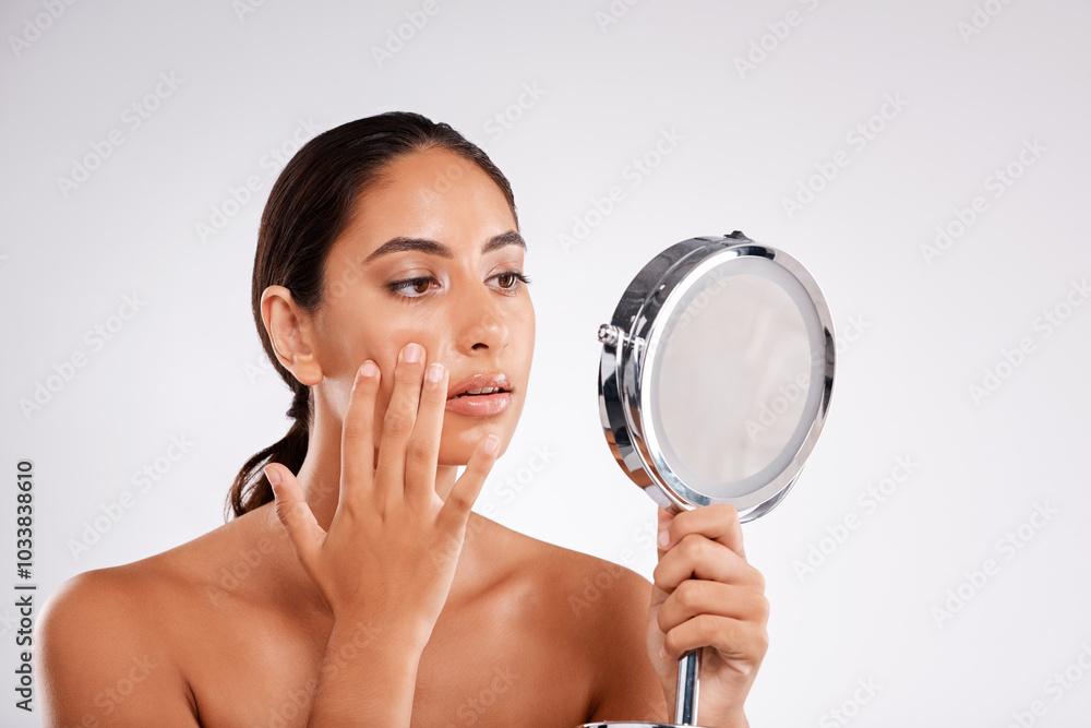 Self care, skincare and check with woman and mirror in studio for beauty, cosmetics and clean. Luxury, glow and spa treatment with face of female model on white background for salon and shine Self care, skincare and check with woman and mirror in studio for beauty, cosmetics and clean. Luxury, glow and spa treatment with face of female model on white background for salon and shine
