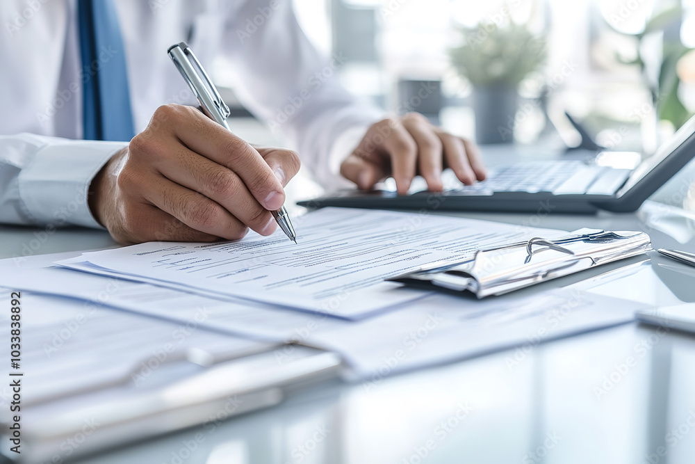 Fototapeta premium Processing of Insurance Claims with Forms on Office Desk 