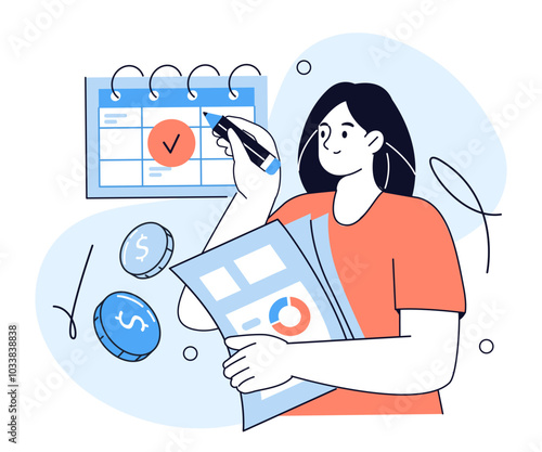 Tax calendar and schedule. Character timely preparing documents for tax return calculation. Accountant at work. Vector illustration.
