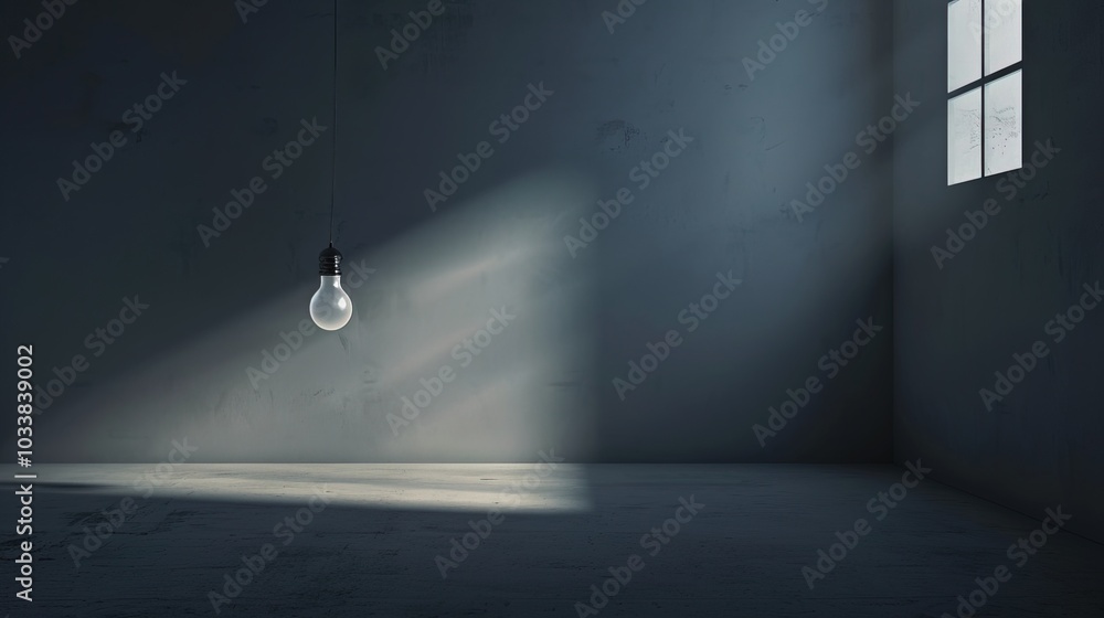 Dark empty room with single flickering light bulb casting long shadows, emphasizing absence of power and eerie atmosphere, minimalist setting with focus on light bulb's glow. Dark empty room with single flickering light bulb casting long shadows, emphasizing absence of power and eerie atmosphere, minimalist setting with focus on light bulb's glow.