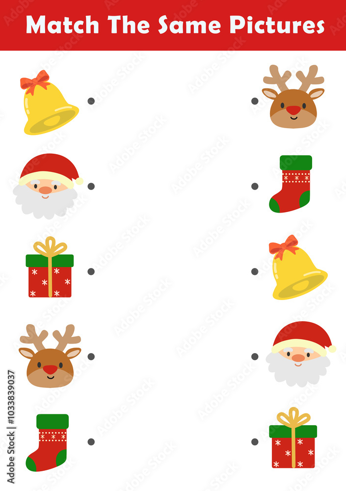 Christmas activity sheet. Find same picture worksheet for kids. Worksheet for kids kindergarten, preschool and school age. Education game for children with cute christmas illustration. Christmas activity sheet. Find same picture worksheet for kids. Worksheet for kids kindergarten, preschool and school age. Education game for children with cute christmas illustration.