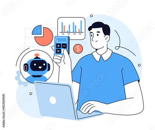 AI technology in finance. Character accountant working with artificial intelligence, chatbot, generative tools to calculate budget, tax, financial report. Vector illustration.