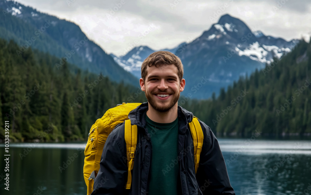 A happy young man with short hair and a beard stands by a lake surrounded by forested mountains. A happy young man with short hair and a beard stands by a lake surrounded by forested mountains.