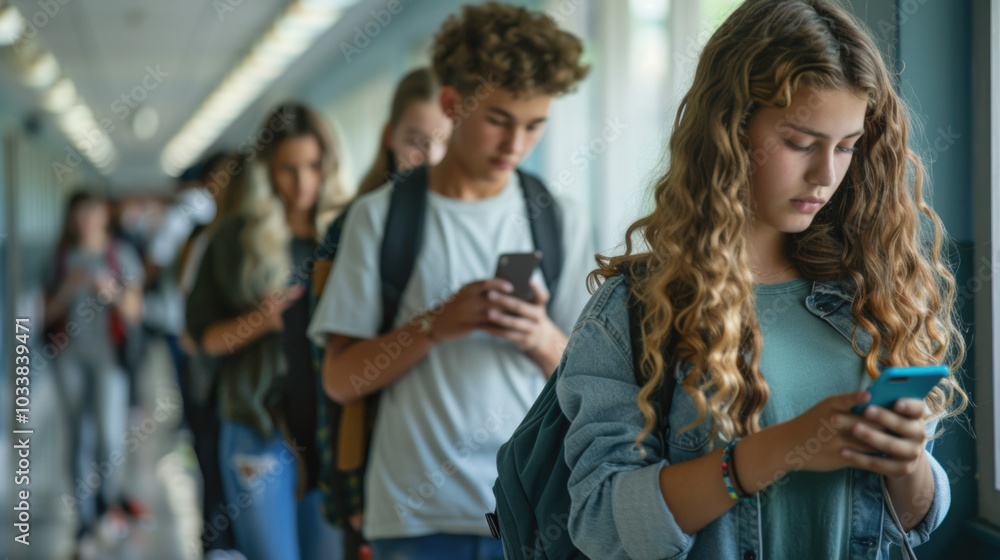 Obraz premium A group of teenagers, heads down, scrolling through their phones in a school hallway.